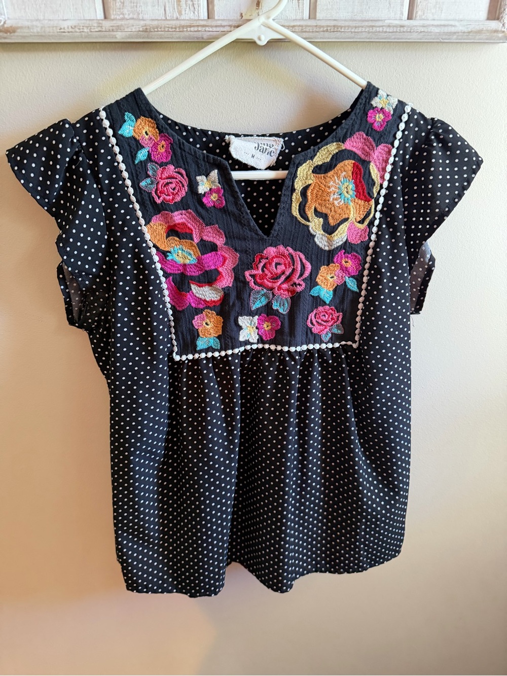 Savanna Jane Black Polka Dot Embroidered Floral Top